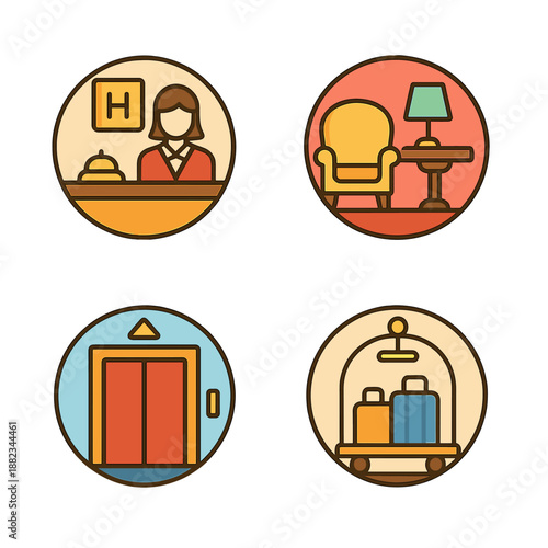 Hotel service icons: reception, lounge, elevator, luggage cart