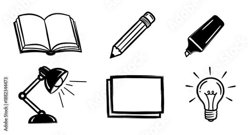 Hand drawn doodle icon set for studying and creative ideas.