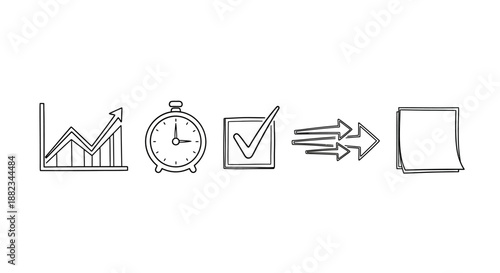 Hand drawn doodle icons representing business growth and time management.