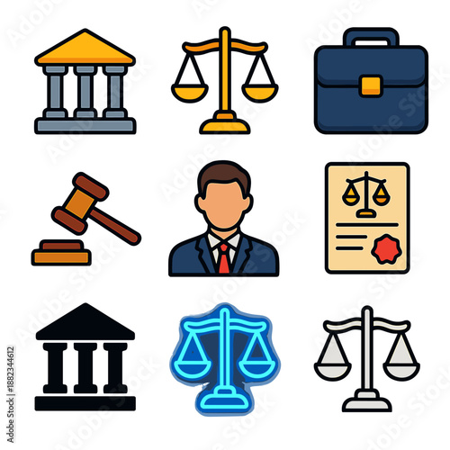 Legal icons set featuring scales, gavel, briefcase, certificate, and courthouse