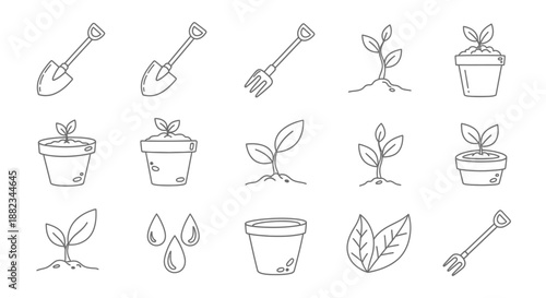 Hand drawn gardening tools and plant growth stages line art icons set.