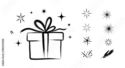 Hand drawn gift box with ribbon and various sparkle elements.