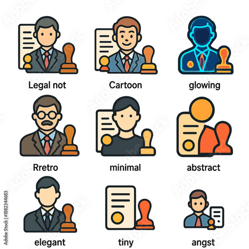 Diverse icon set featuring professionals and documents in various styles