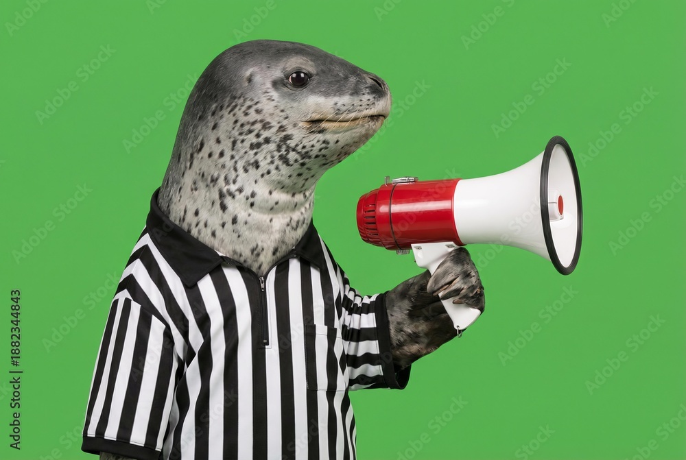 Fototapeta premium Leopard seal in referee shirt holds a megaphone against a green background