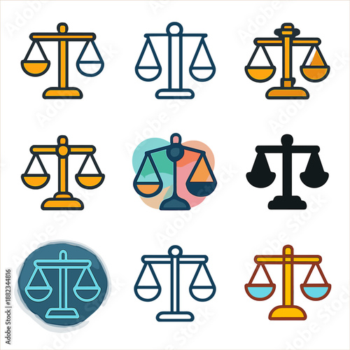 Colorful scale icons collection on gradient background for legal and balance themes