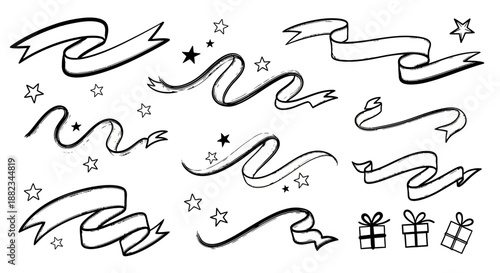 Hand drawn ribbons and stars collection, perfect for festive designs and celebrations.