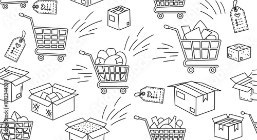 Hand drawn seamless pattern of shopping carts and boxes.