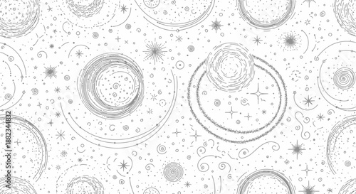 Hand drawn seamless pattern of celestial bodies and astrological symbols.