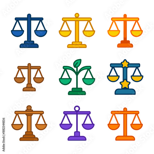 Colorful balance and justice icons with stars and leaf design