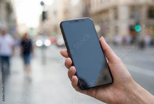 Person holding a smartphone in their hand on a busy city street