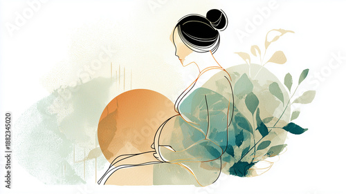 妊婦の女性が和室で呼吸を整える線画イラスト、緑の水彩と障子