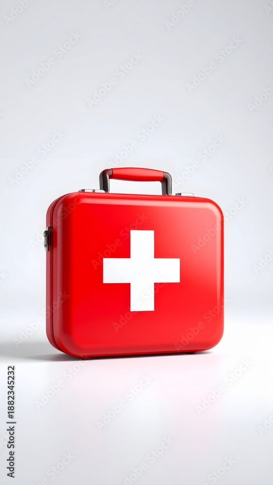 Fototapeta premium Red First Aid Kit with White Cross on Gray Background