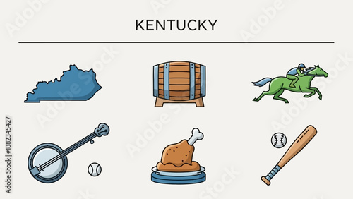 Vibrant vector icons embodying Kentucky's rich cultural heritage, illustrating its iconic horse racing, renowned bourbon production, traditional music, and beloved regional cuisine