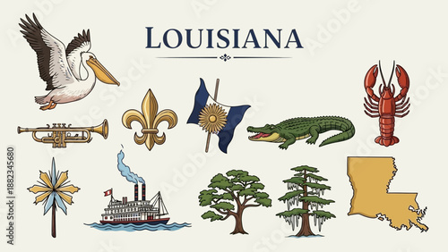 Vibrant collection of Louisiana state symbols and cultural icons, showcasing the unique heritage, wildlife, and landmarks of the Southern United States