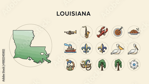 Louisiana State Icons A Collection of Symbols Representing Culture, Food, and Wildlife