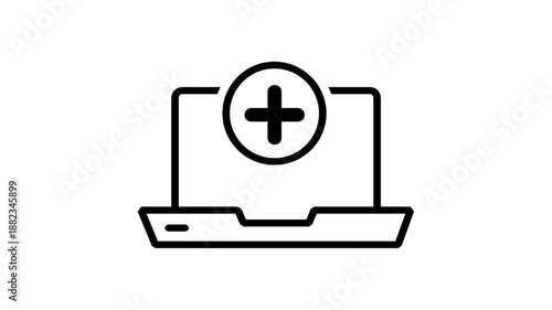 Add Computer icon motion. Laptop computer icon with a plus symbol for adding new devices, hardware installation, or registration.