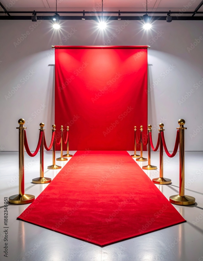 Obraz premium Red Carpet Event with Gold Stanchions and Dramatic Lighting in White Studio