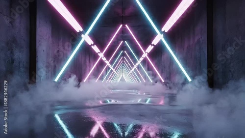 Futuristic neon light tunnel with fog and reflections