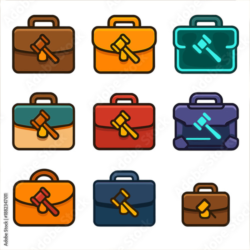 Colorful briefcase icons with judge gavel in modern design style