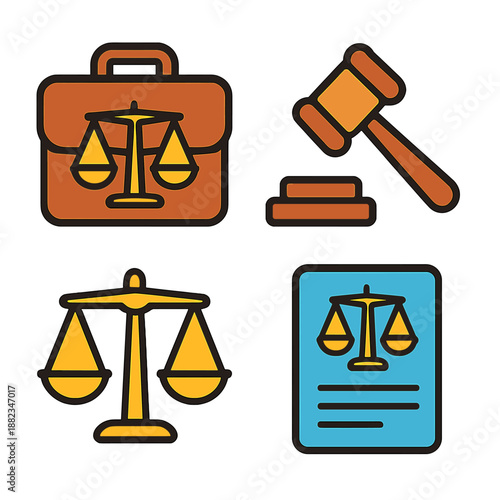 Colorful legal icons featuring scales, gavel, briefcase, and document