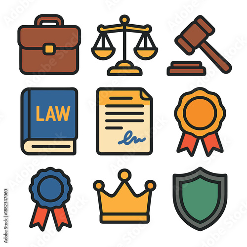 Legal icons set: briefcase, scales, gavel, law book, contract, medal