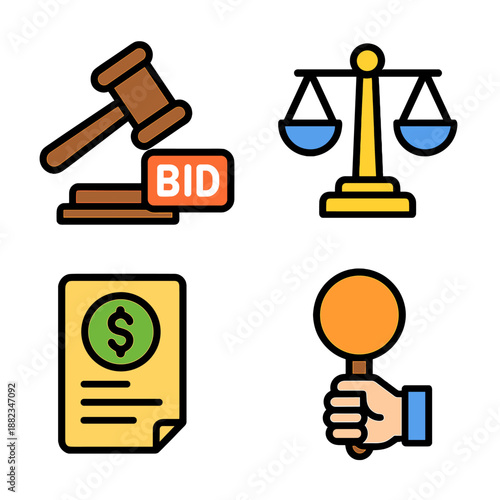 Auction symbols: gavel, scales, bid paddle, legal contract icons