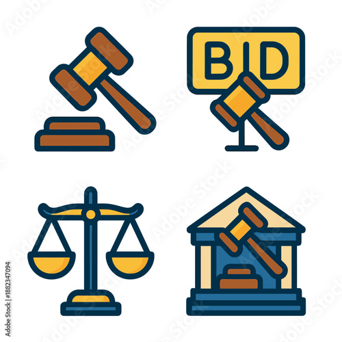 Colorful auction and justice icons featuring gavel and scales
