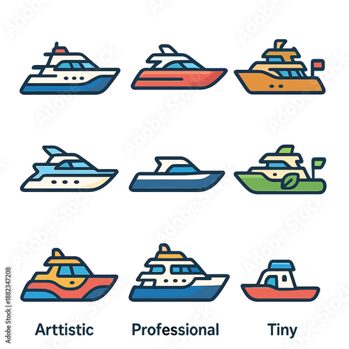 Colorful modern boat icons collection in cartoon style