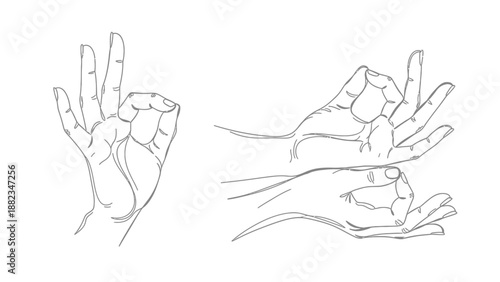 Hand gestures and sign language illustration set, showcasing various hand positions and finger arrangements in a minimalist line art style
