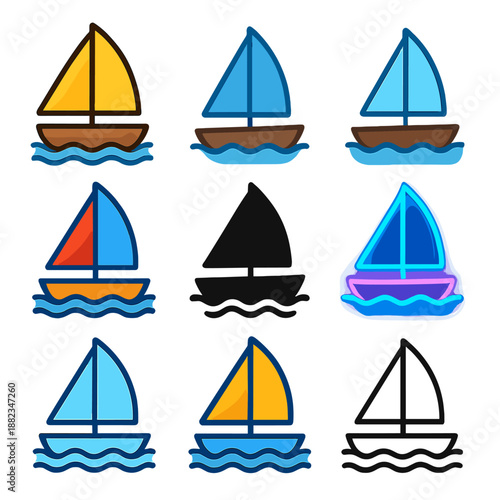 Colorful sailboat icons featuring variety of designs and backgrounds