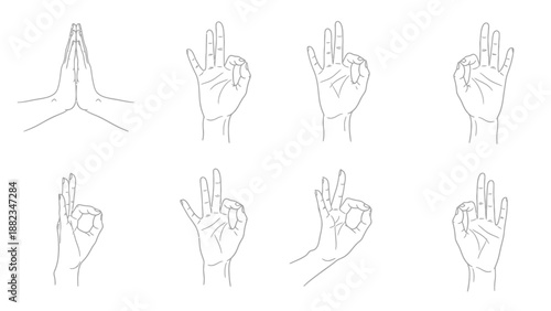Collection of Hand Gestures and Finger Positions Illustrated in Various Forms on a Plain Background