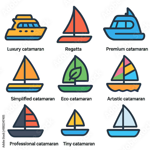 Colorful catamaran icons for nautical design and eco-friendly sailing