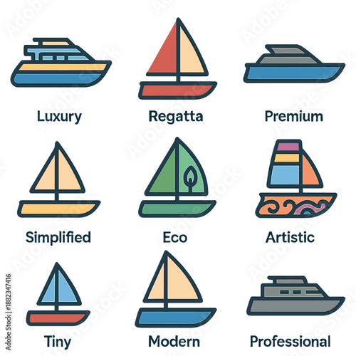 Assorted sailboat icons - luxury, eco, artistic, modern designs