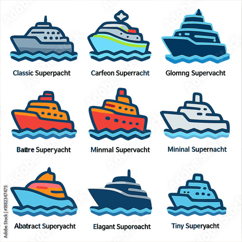 Colorful cartoon superyachts collection with nautical themes