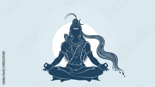 Illustration of Lord Shiva meditating in lotus position against a full moon, symbolizing spirituality and serenity
