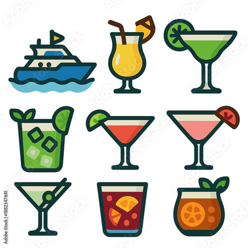 Colorful nautical drink icons featuring cocktails and a boat