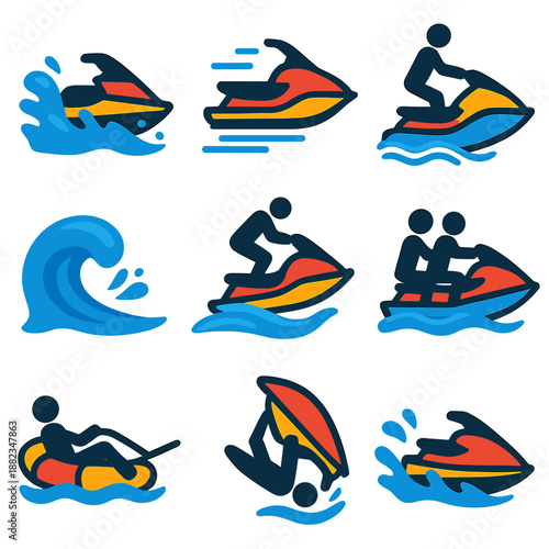 Vibrant jet ski adventures icon set with water and wave illustrations