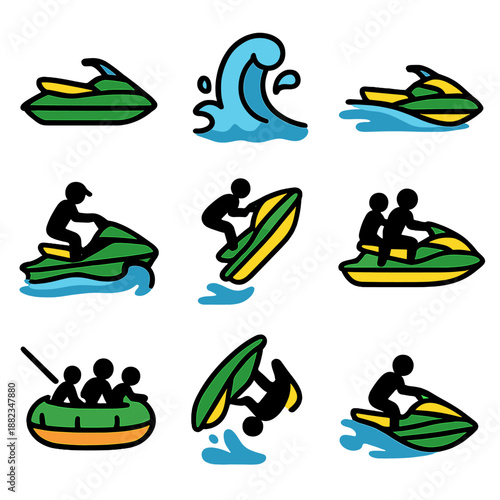 Colorful jet ski icons and wave graphics on transparent background