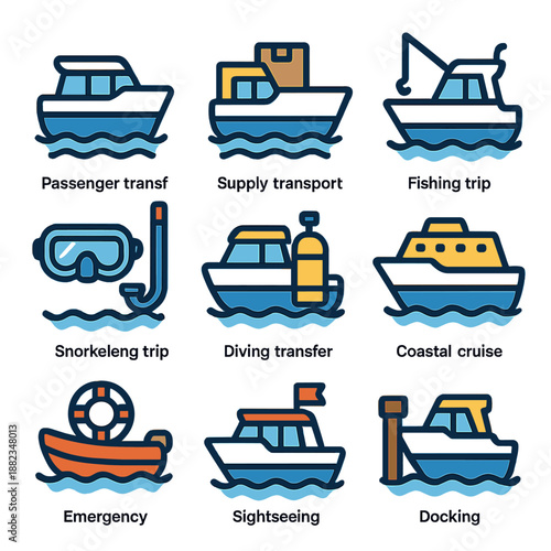 Colorful icons of various boat types for travel and recreation