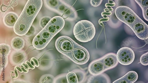 Microscopic view of various bacteria and microorganisms in detail.