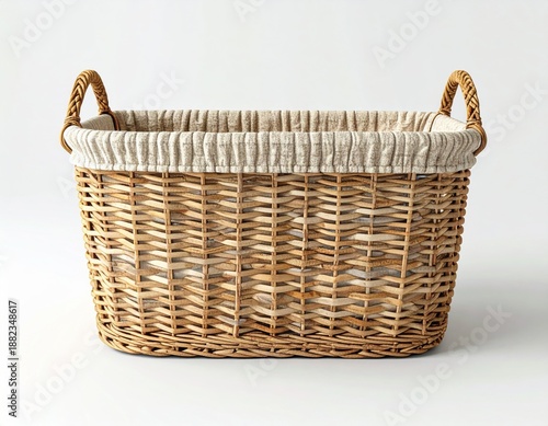 Wicker Basket with Cloth Liner on White Seamless Background Studio Shot