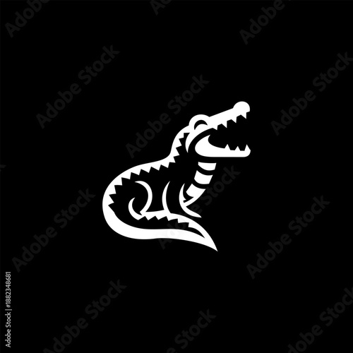 Fierce crocodile logo in bold black and white vector style, aggressive reptile emblem isolated on dark background