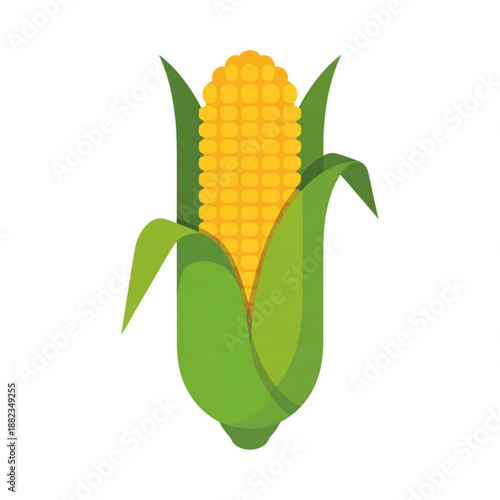 A vibrant vector illustration of an ear of corn with green leaves on a white background