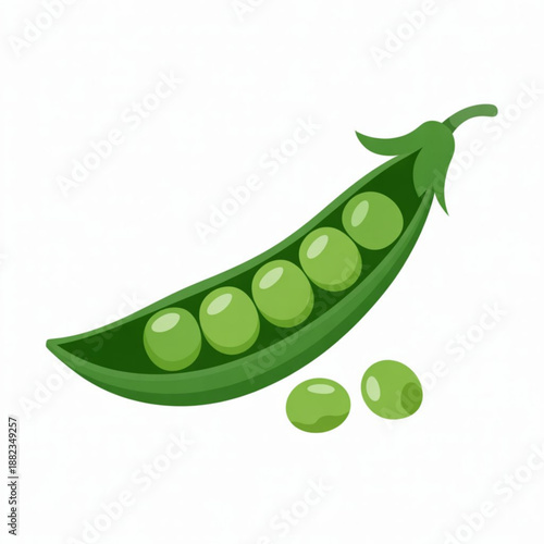 A vector graphic illustration of a green pea pod with peas on a white background