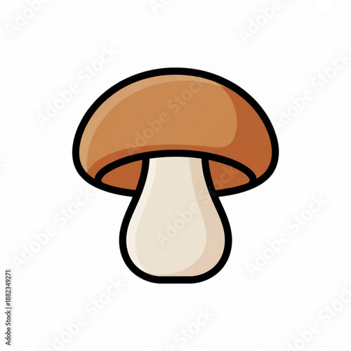 A cartoon illustration of a mushroom with a brown cap and white stem