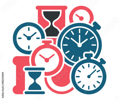 A colorful illustration of various clocks and timers on a white background
