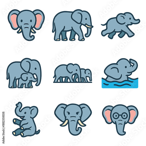 Adorable cartoon elephants in various poses and activities