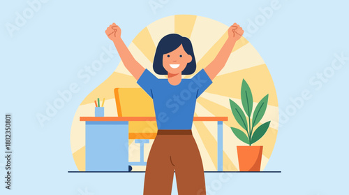 Woman celebrating success in modern office with arms raised