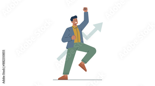 Confident businessman celebrating success with rising arrow