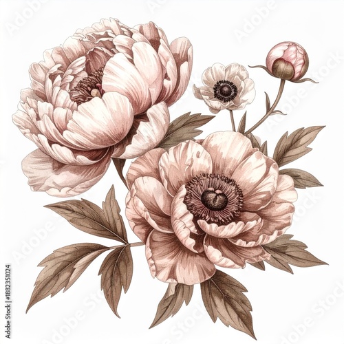Floral Arrangement of Peonies and Anemones on White Background